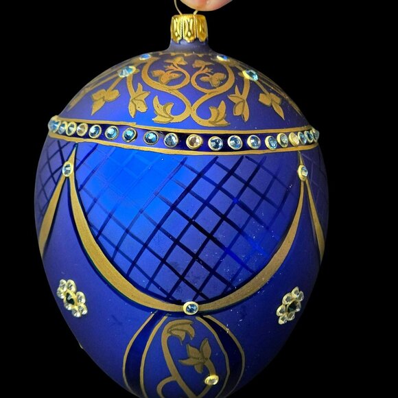 Komozja Family Blue Jeweled Glass Egg 5" Ornament Handcrafted Polish Blown Glass - Picture 2 of 10
